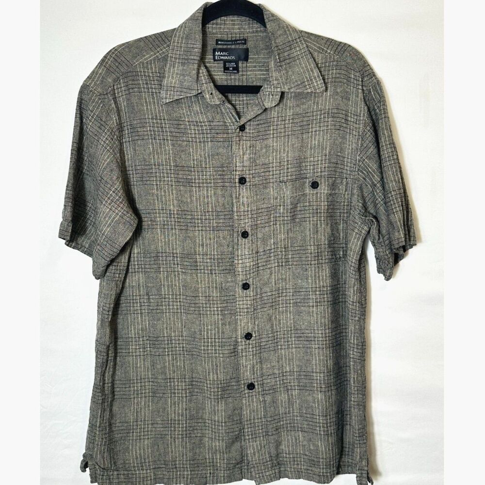 Marc Edwards Men's Woven Silk Blend Checked Button Down Shirt SZ M Short Sleeve